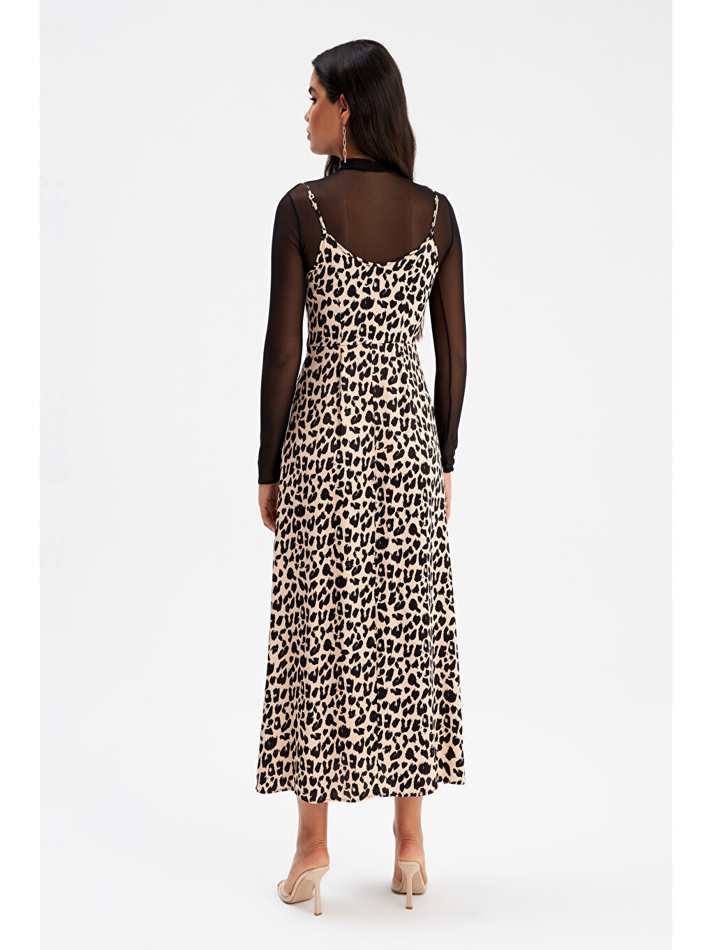 Leopar Desenli Saten Elbise - Bej-3