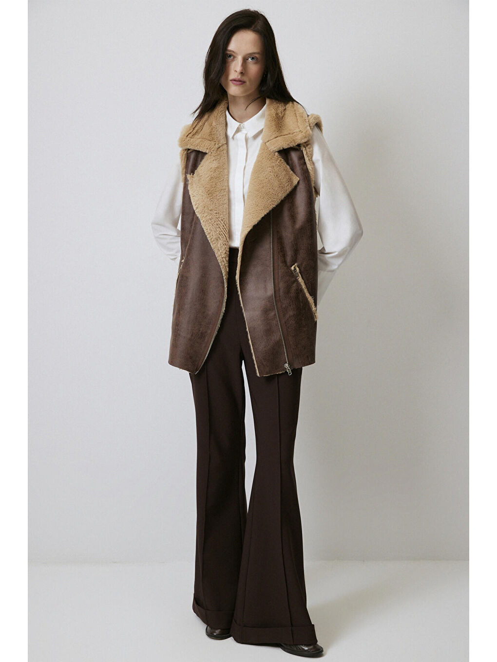 Kahverengi İçi Kürklü Suni Deri Yelek-3