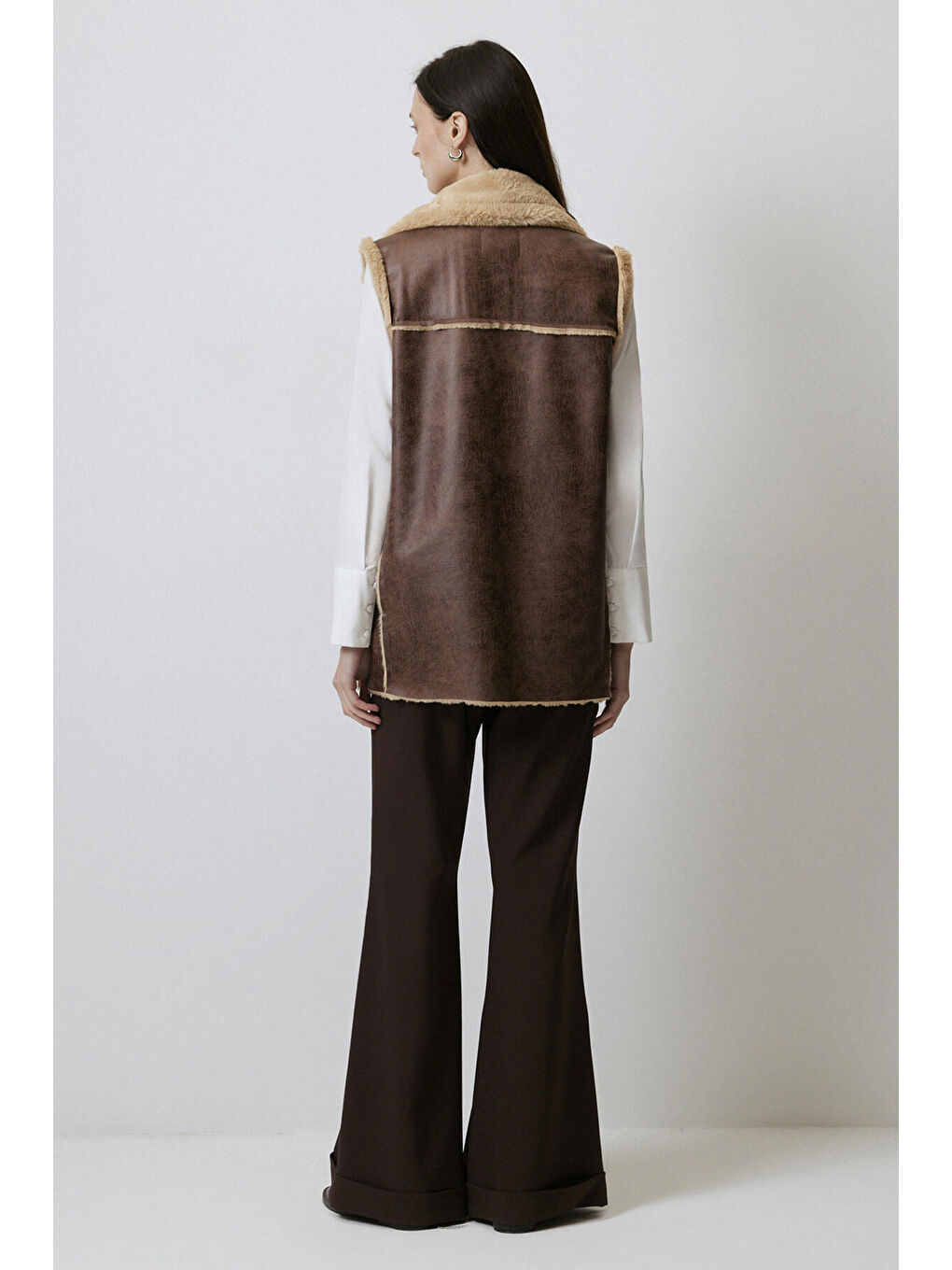 Kahverengi İçi Kürklü Suni Deri Yelek-6