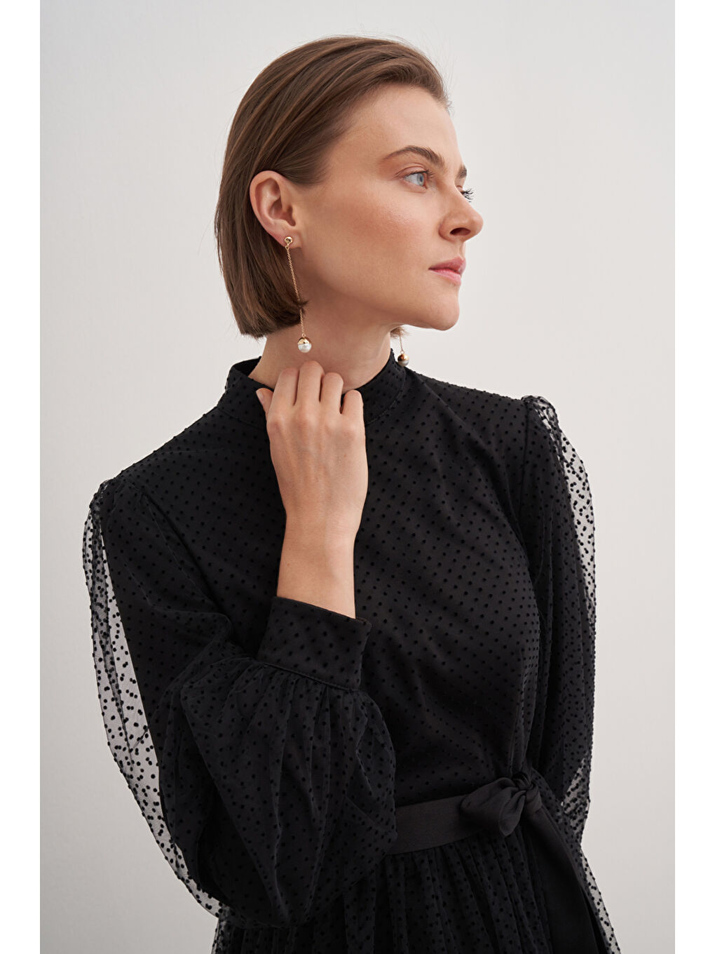 Siyah Balon Tül Detaylı Elbise-4