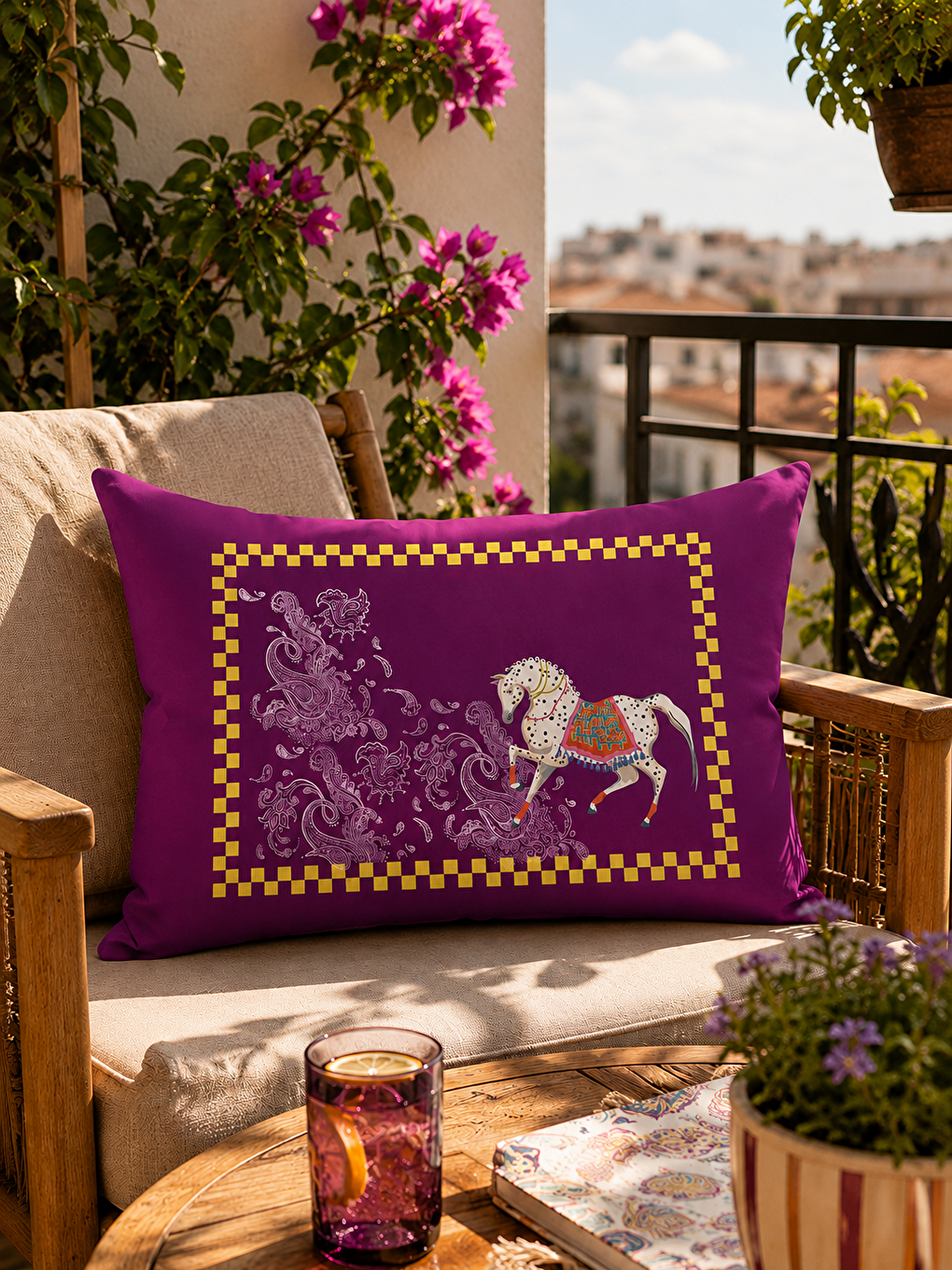 Beyaz Mor Etnik At Ve Şal Desenli Dama Çerçeveli Kırlent Kılıfı 40x60
