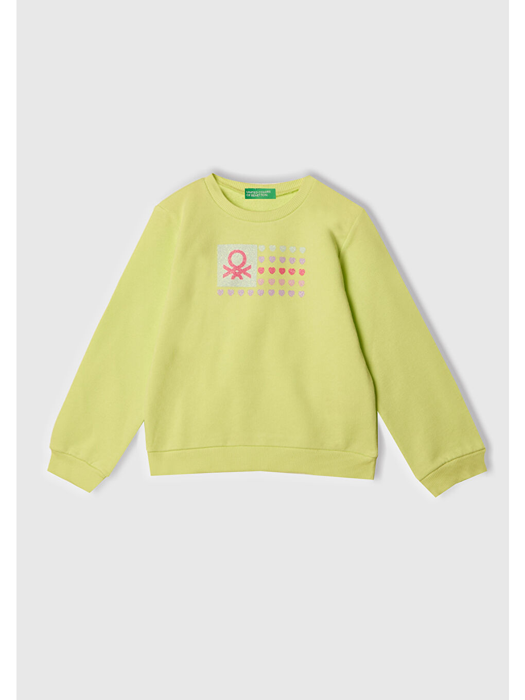 Kız Çocuk Sarı Simli Benetton Logo Baskılı Bisiklet Yaka Sweatshirt