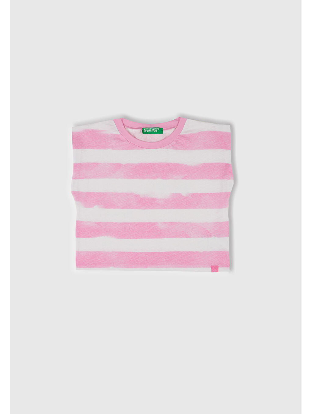 Kız Çocuk Pembe Çizgili Boynu Nervürlü Logo Etiketi Detaylı Kolsuz T-Shirt