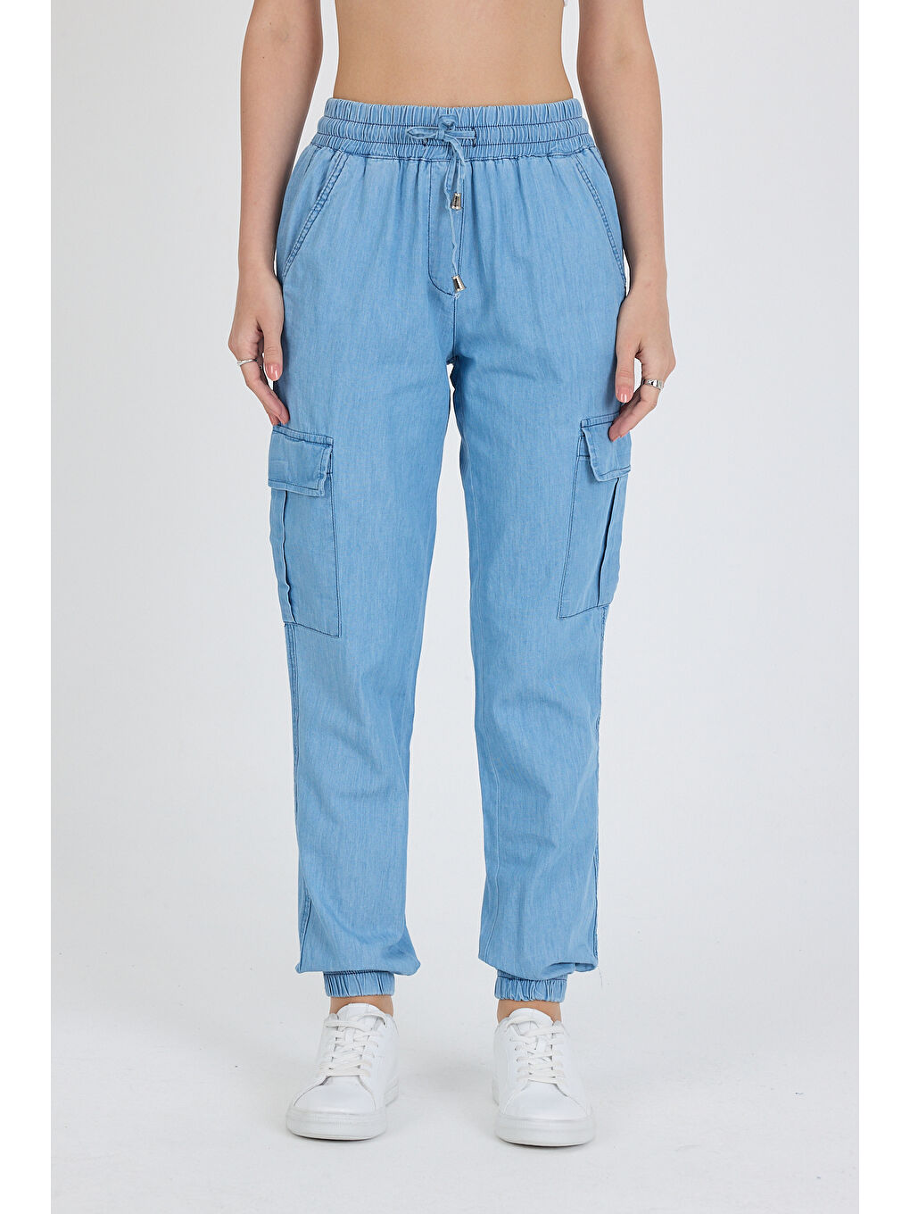 Mavi Yanı Kargo Cepli Paça Lastikli Jean Kadın Pantolon 5041-2