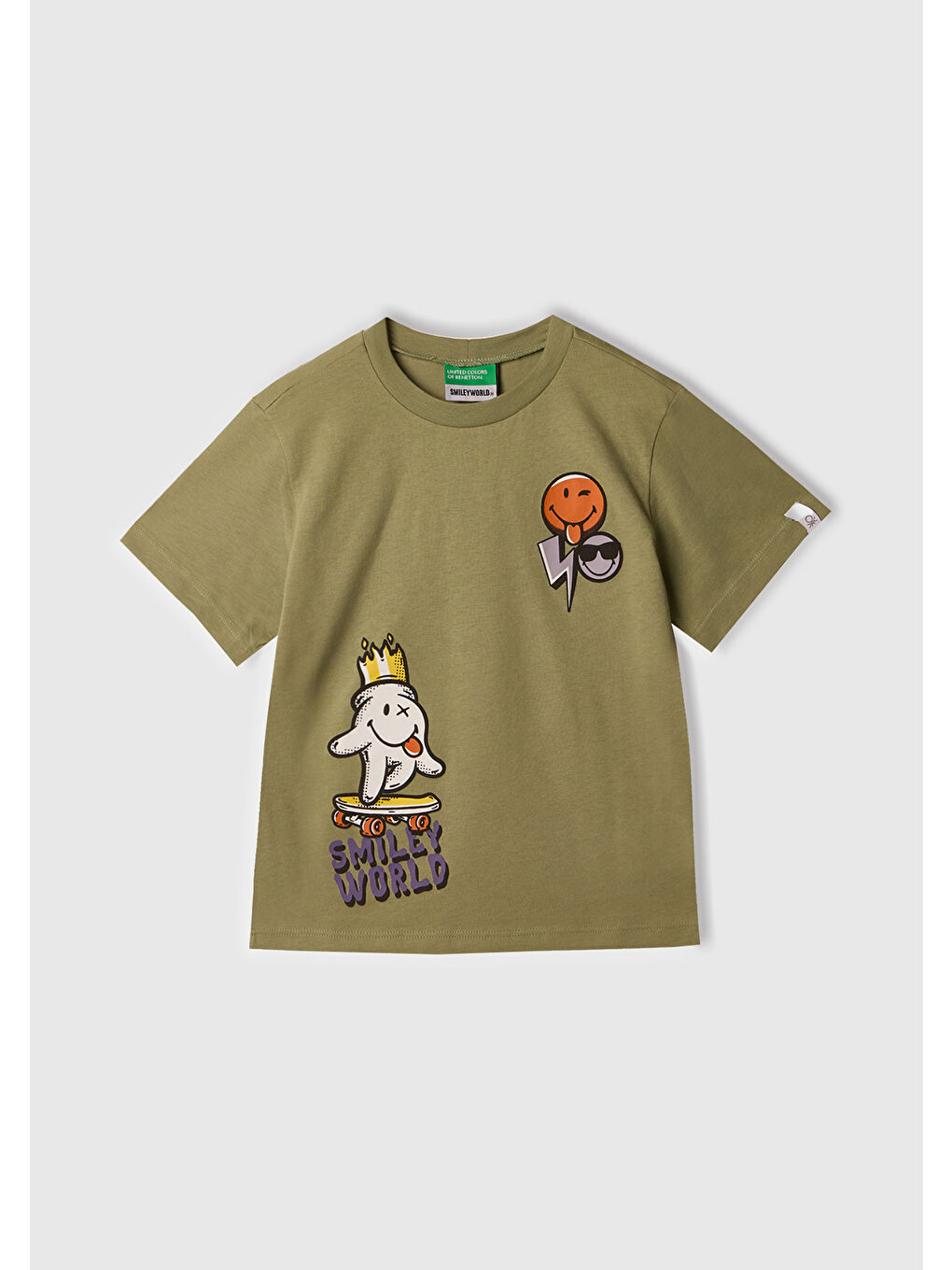 Erkek Çocuk Haki Smiley World Baskılı Logo Etiketli T-Shirt