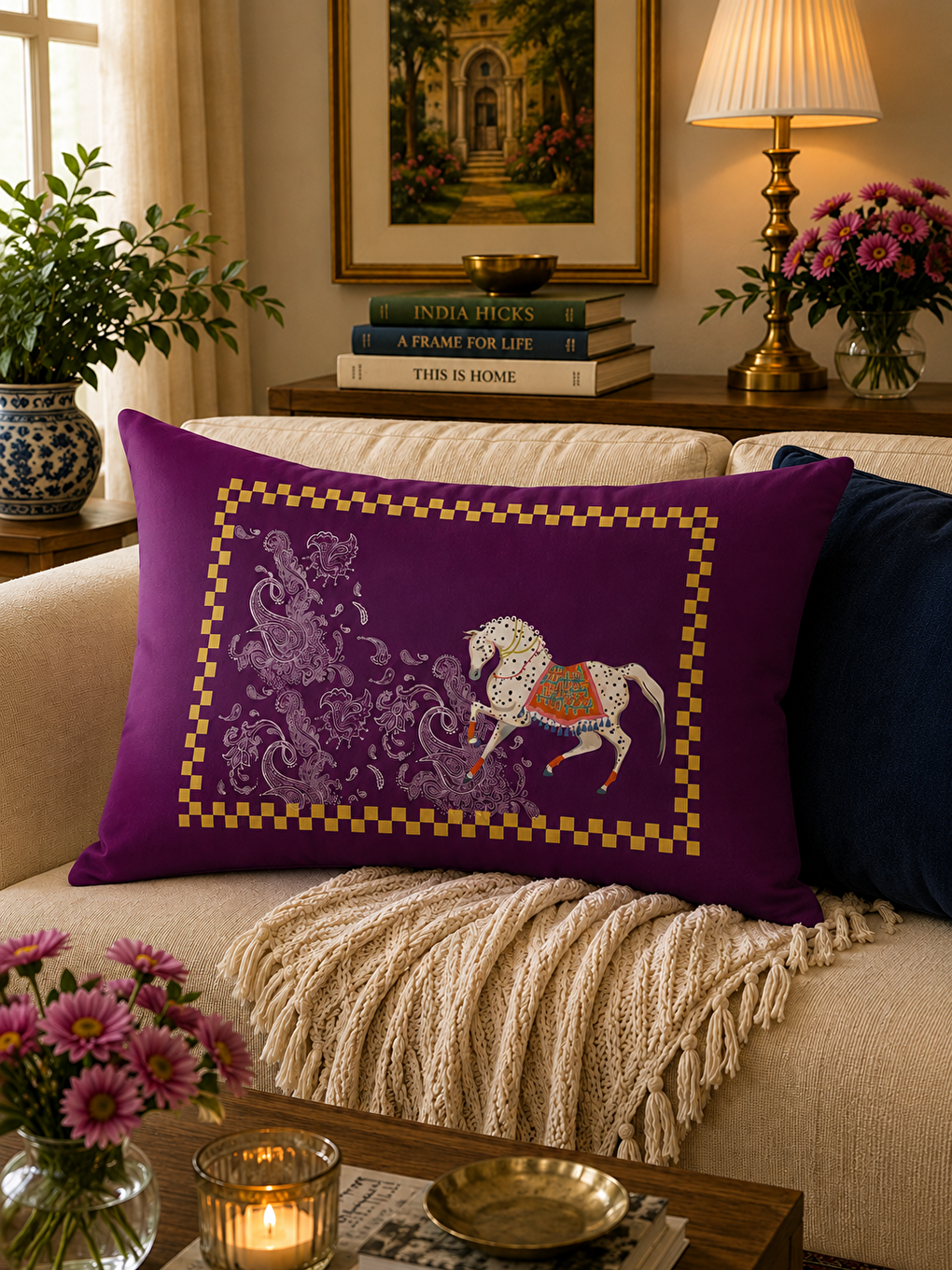 Beyaz Mor Etnik At Ve Şal Desenli Dama Çerçeveli Kırlent Kılıfı 40x60-1