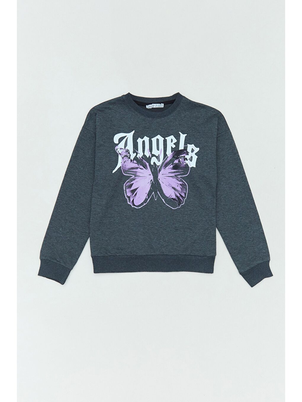 Antrasit Angel Ve Kelebek Baskılı Kız Çocuk Sweatshirt