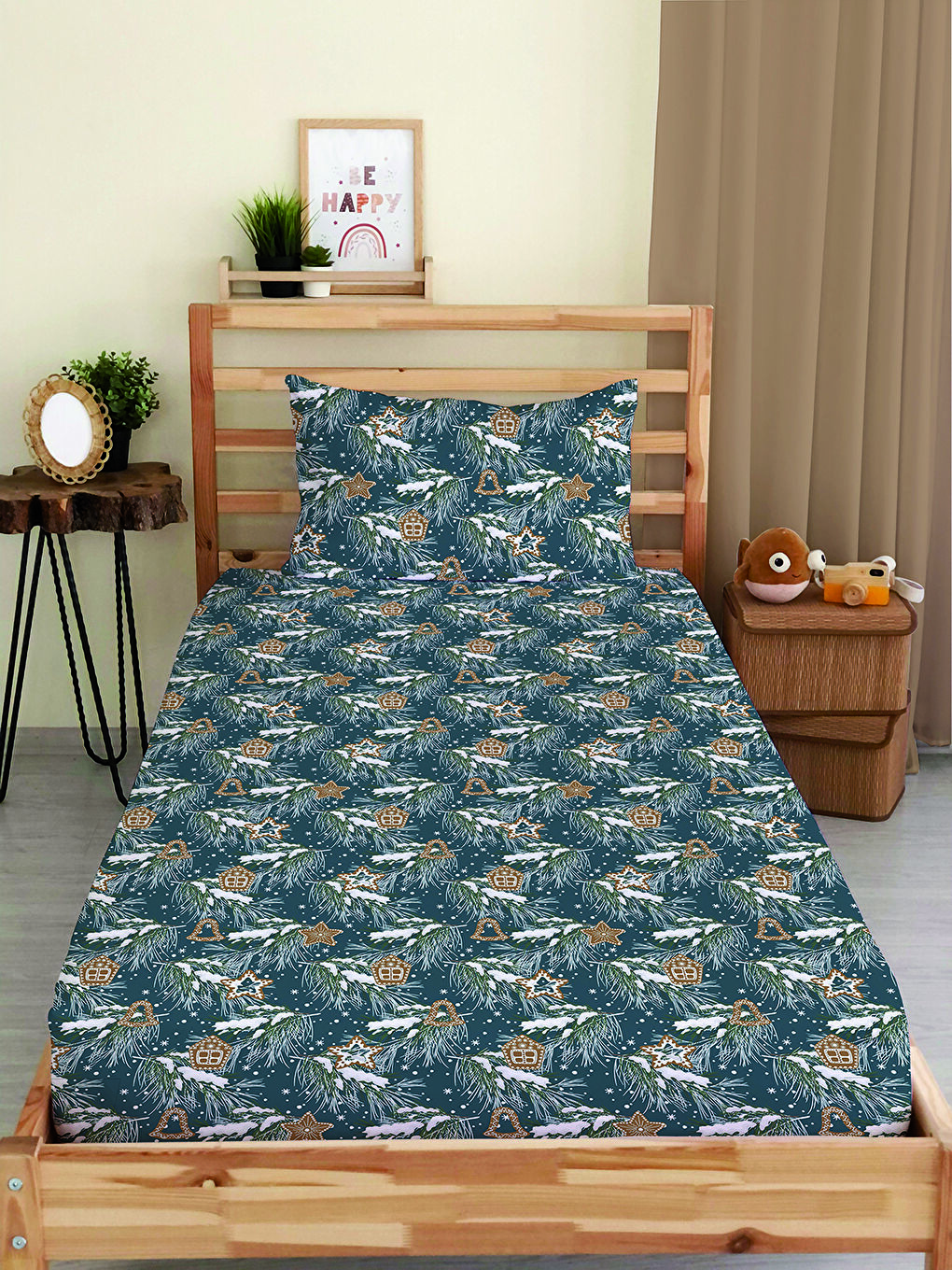 Karışık Yılbaşı Desenli Tek Kişilik Baskılı Lastikli Çarşaf Takımı– 100x200cm