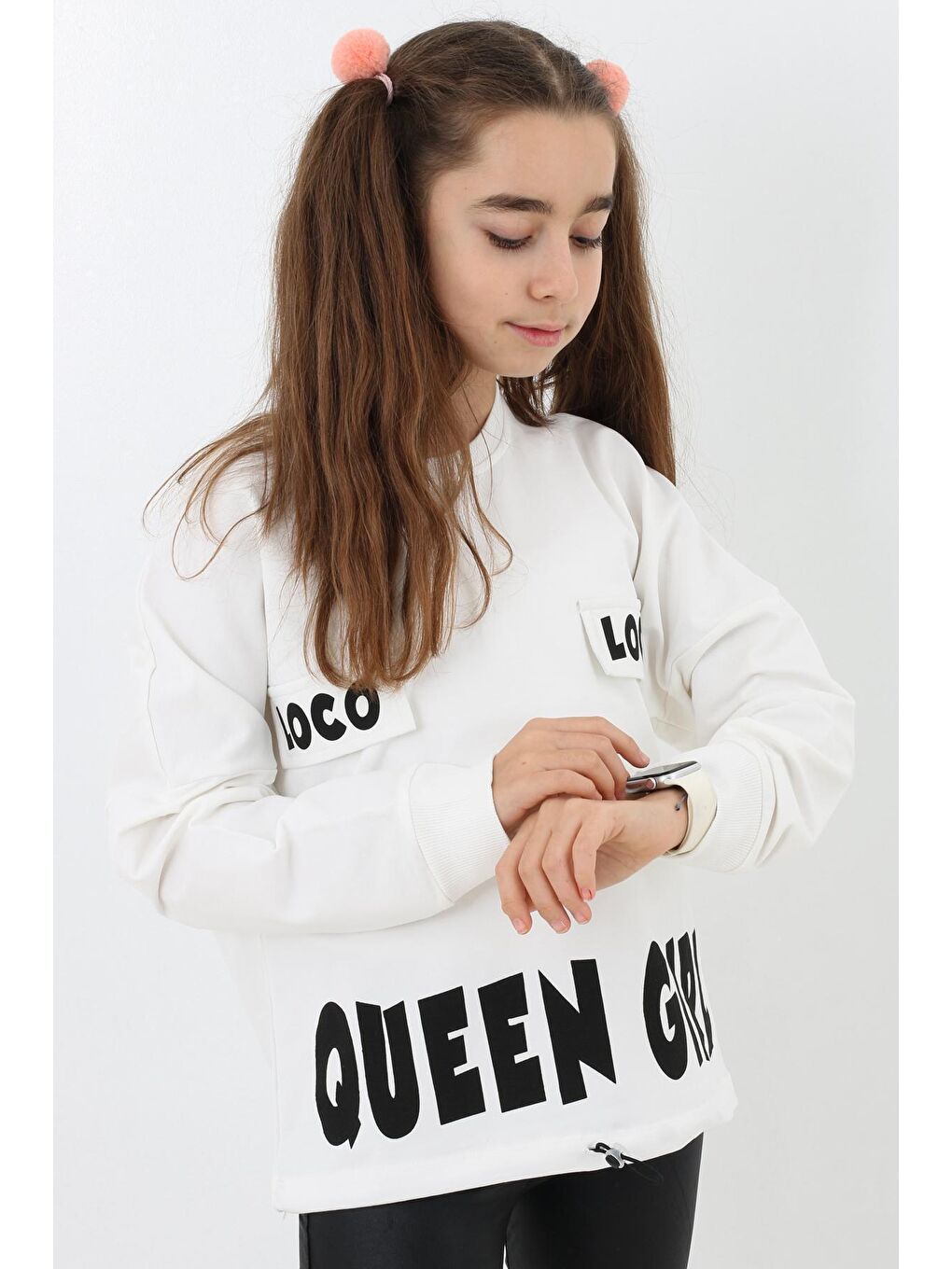 Beyaz Kız Çocuk Quenn Yazı Baskılı Sweatshirt 9-14 Yaş 14041