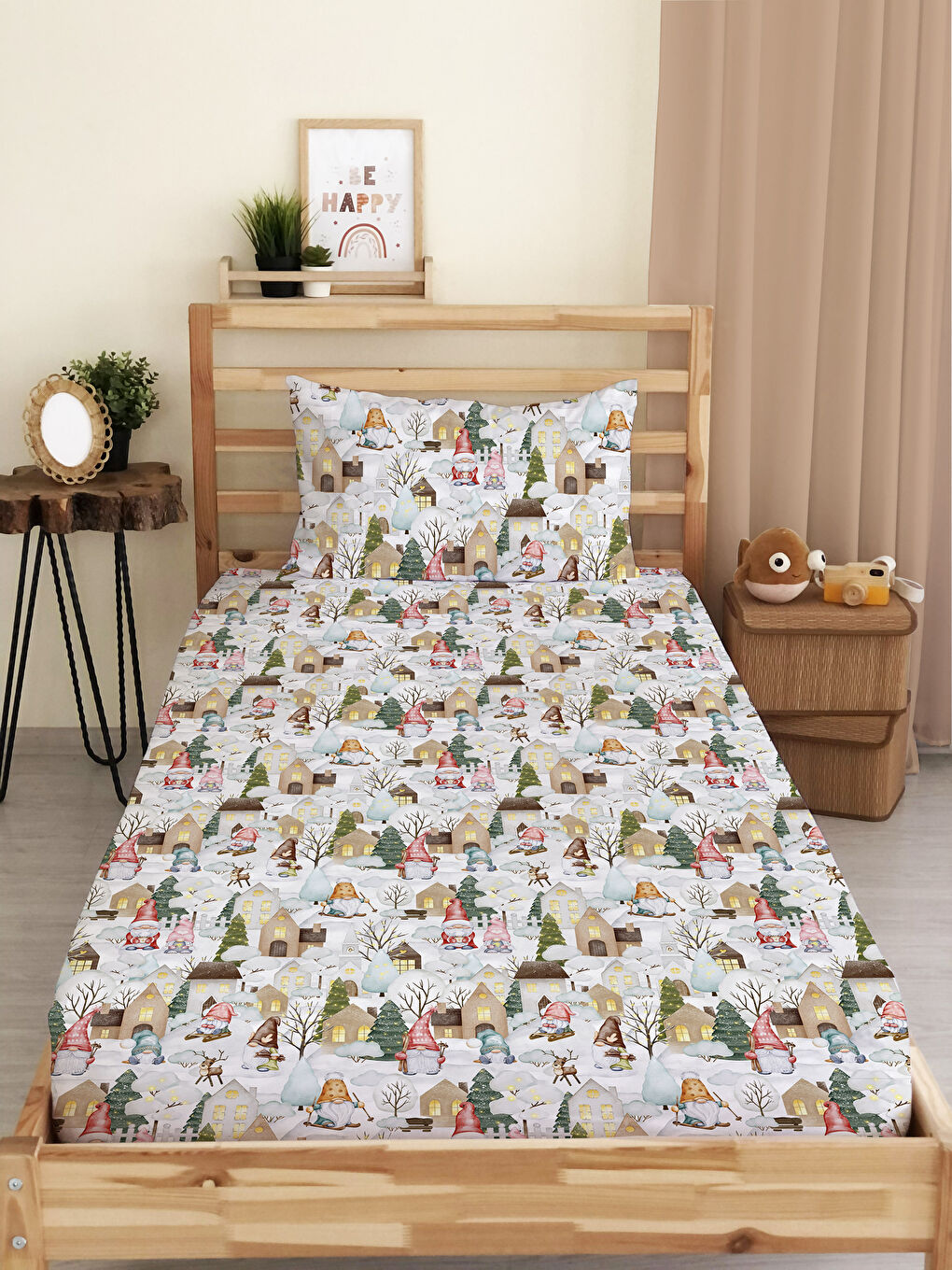 Karışık Noel Ve Kar Desenli Tek Kişilik Dijital Baskılı Lastikli Çarşaf Takımı (Pamuklu) – 100x200cm