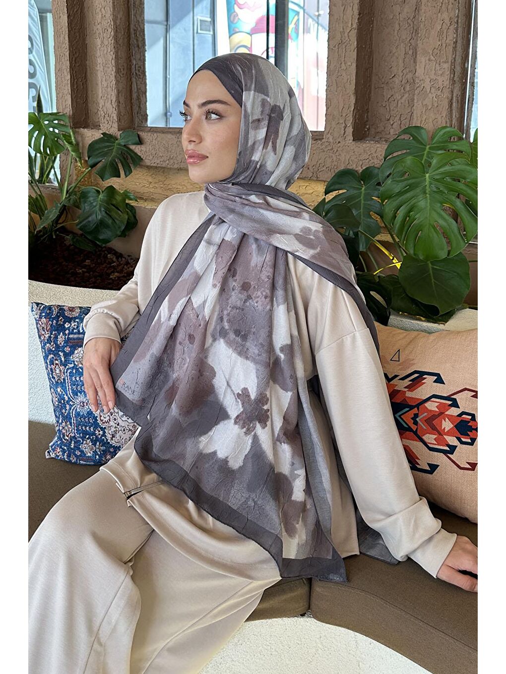 Kahverengi Flora Garden Desen Bambu Şal Toprak-2