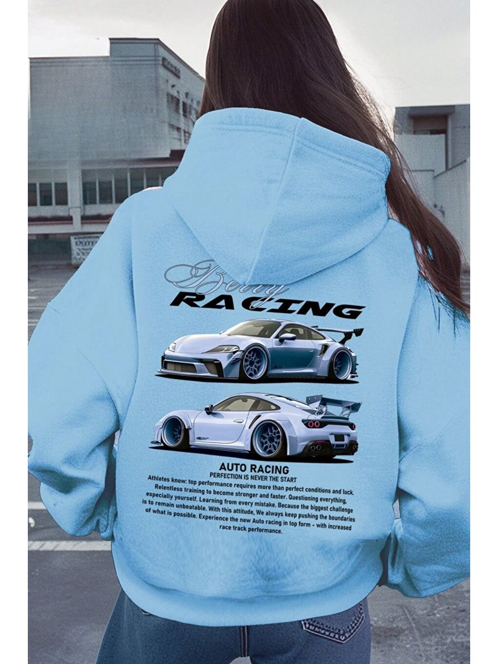 Kadın Bebe Mavisi Oversize Berry Racing Baskılı Kapüşonlu Sweatshirt Hoodie