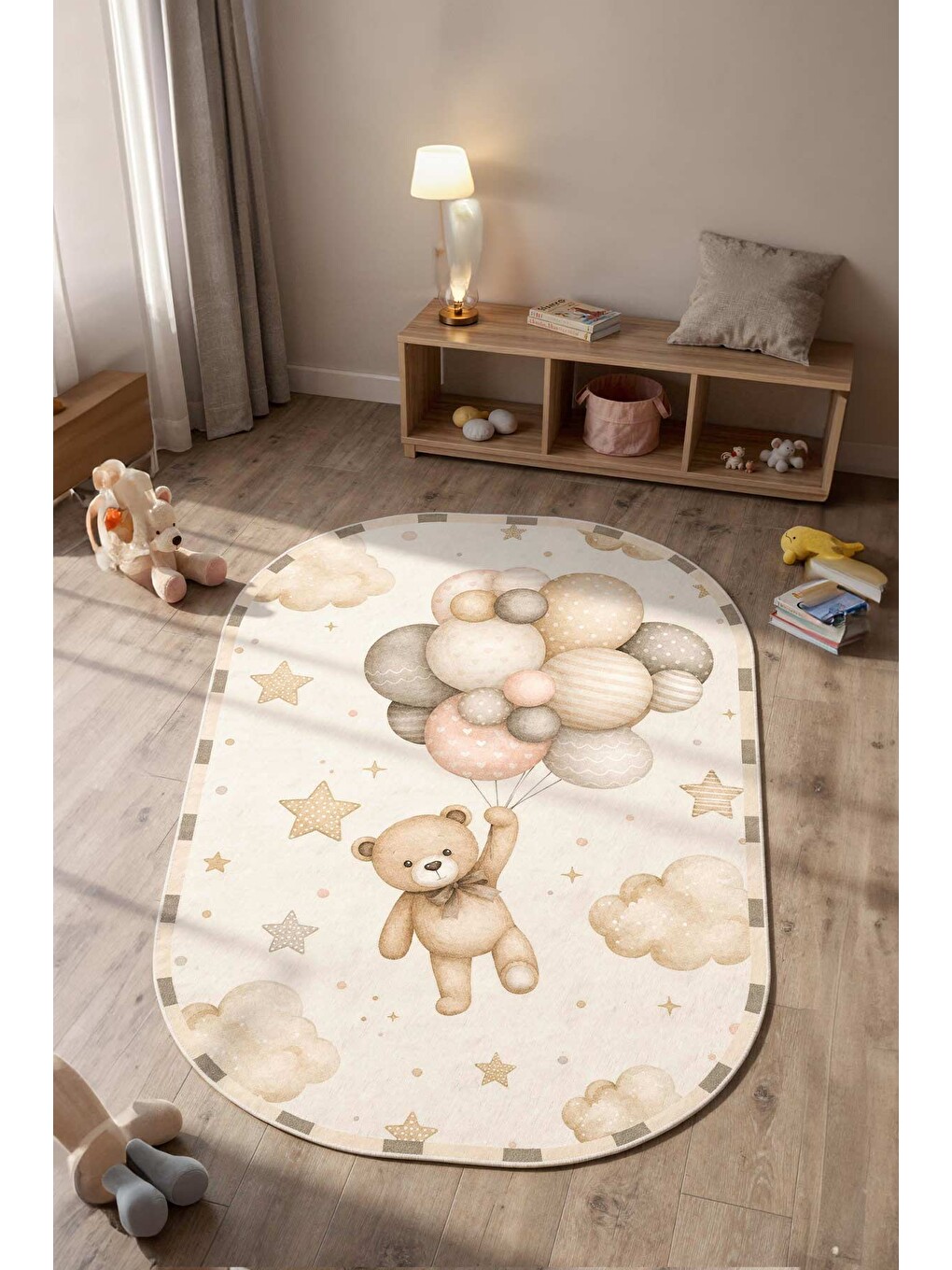Ekru Modern Çocuk Halısı Kaymaz Tabanlı Makinede Yıkanabilir Çocuk Odası Halısı-1