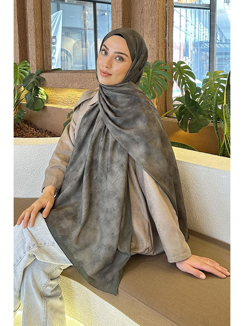 Bulut Desen Bambu Şal Haki-1