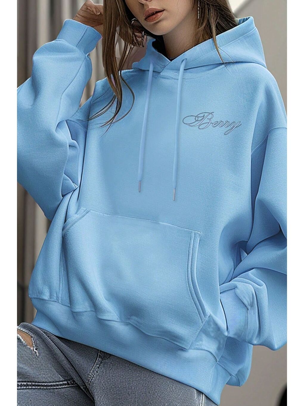 Kadın Bebe Mavisi Oversize Berry Racing Baskılı Kapüşonlu Sweatshirt Hoodie-1