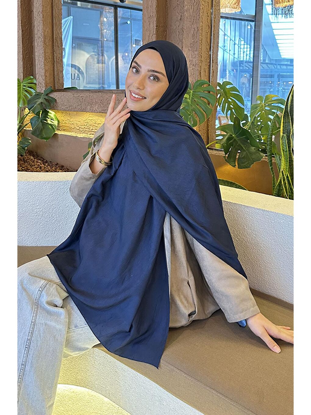 Bulut Desen Bambu Şal Lacivert