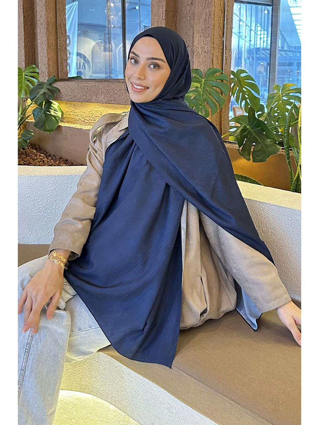 Bulut Desen Bambu Şal Lacivert-1