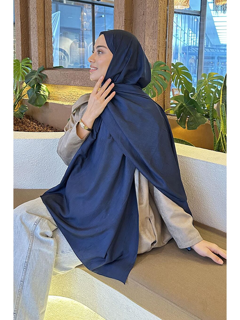 Bulut Desen Bambu Şal Lacivert-2