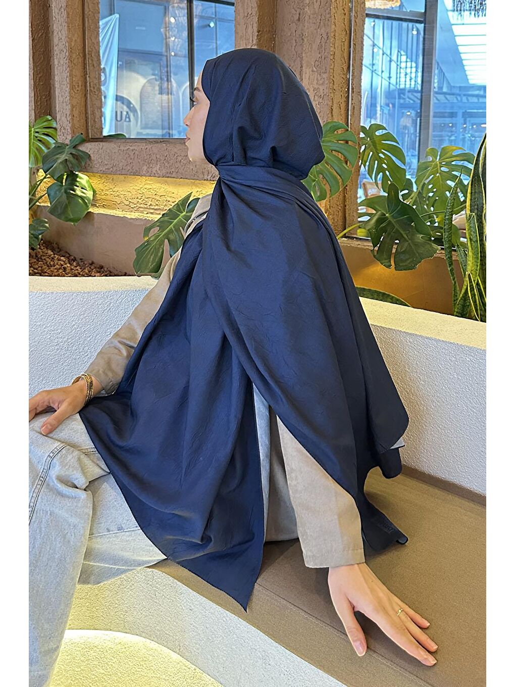 Bulut Desen Bambu Şal Lacivert-3