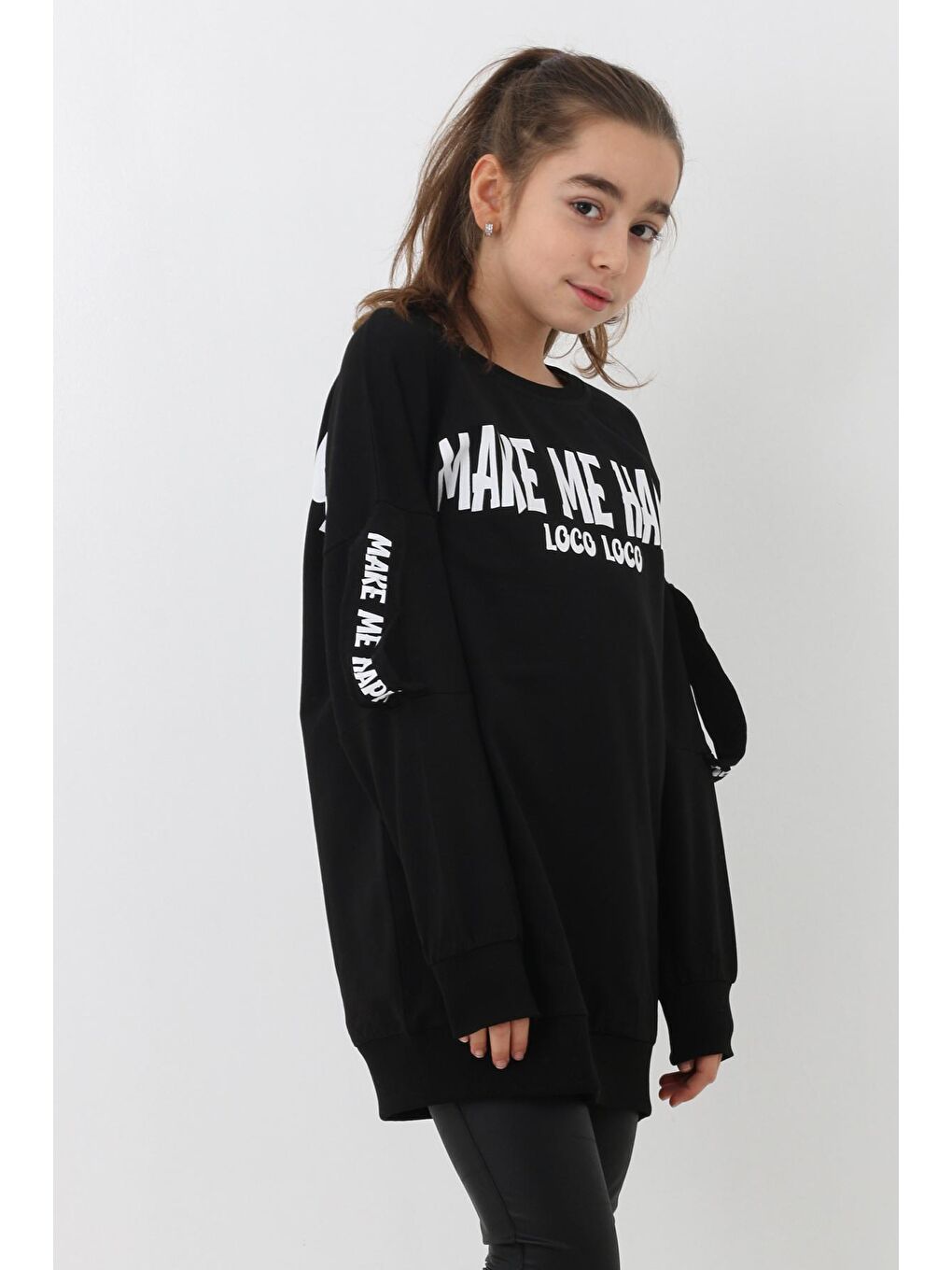 Siyah Kız Çocuk Happy Yazı Baskılı Sweatshirt 9-14 Yaş 14119