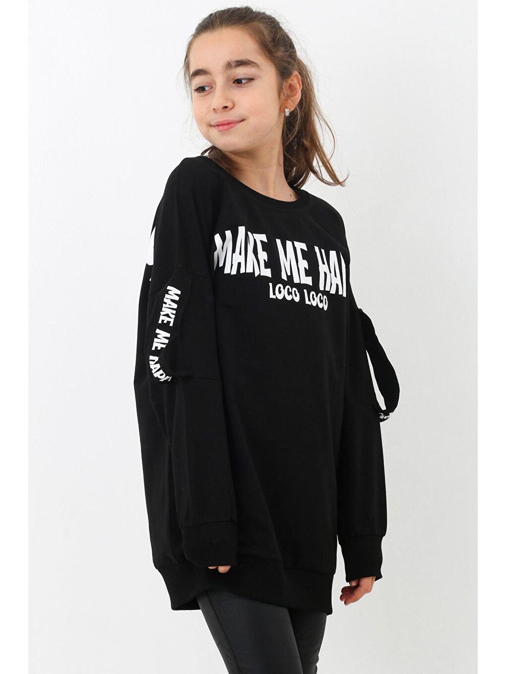 Siyah Kız Çocuk Happy Yazı Baskılı Sweatshirt 9-14 Yaş 14119-1