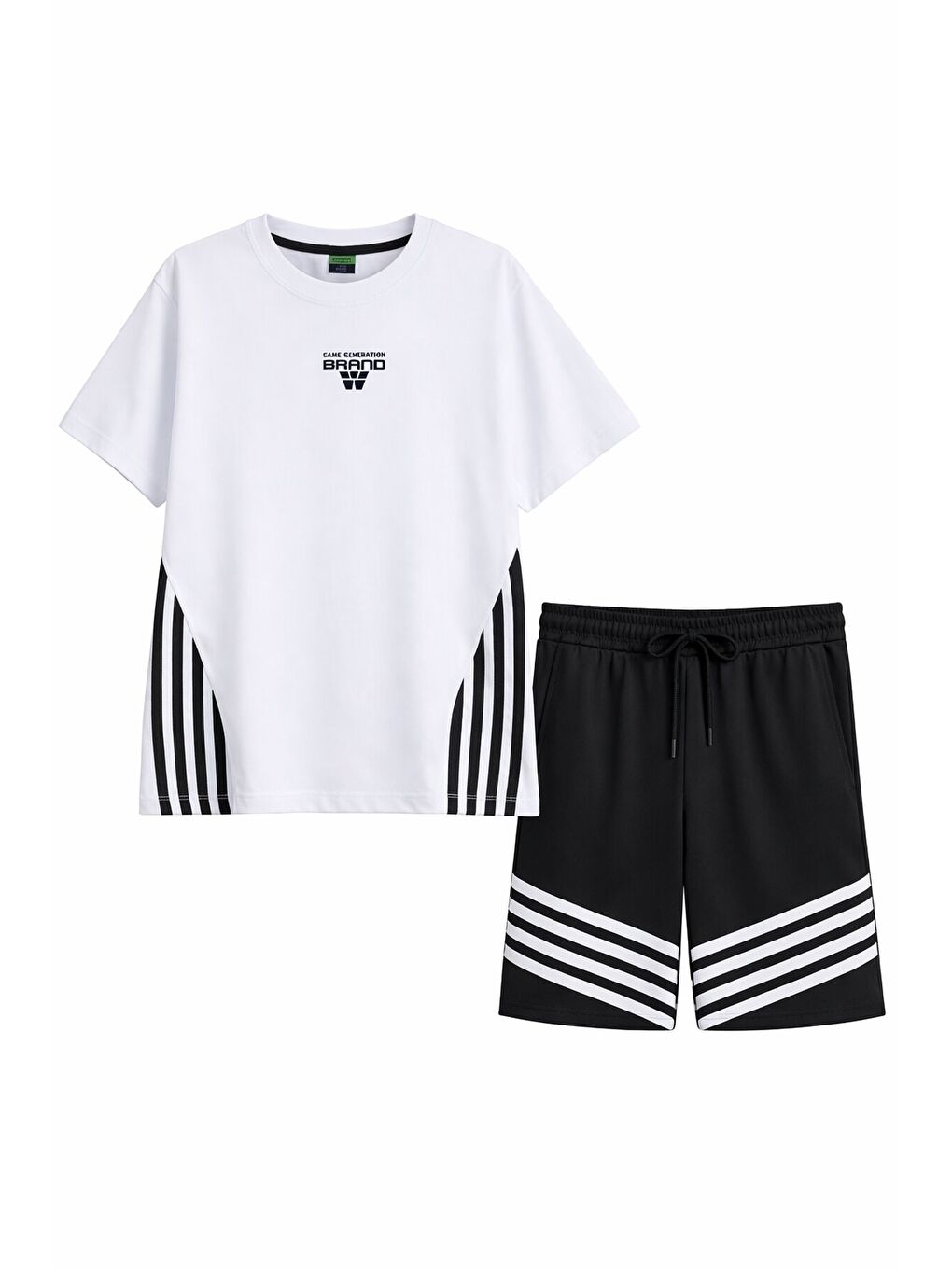Beyaz Şerit Desenli Logolu Tişörtlü Erkek Çocuk Şortlu Takım 23780-2