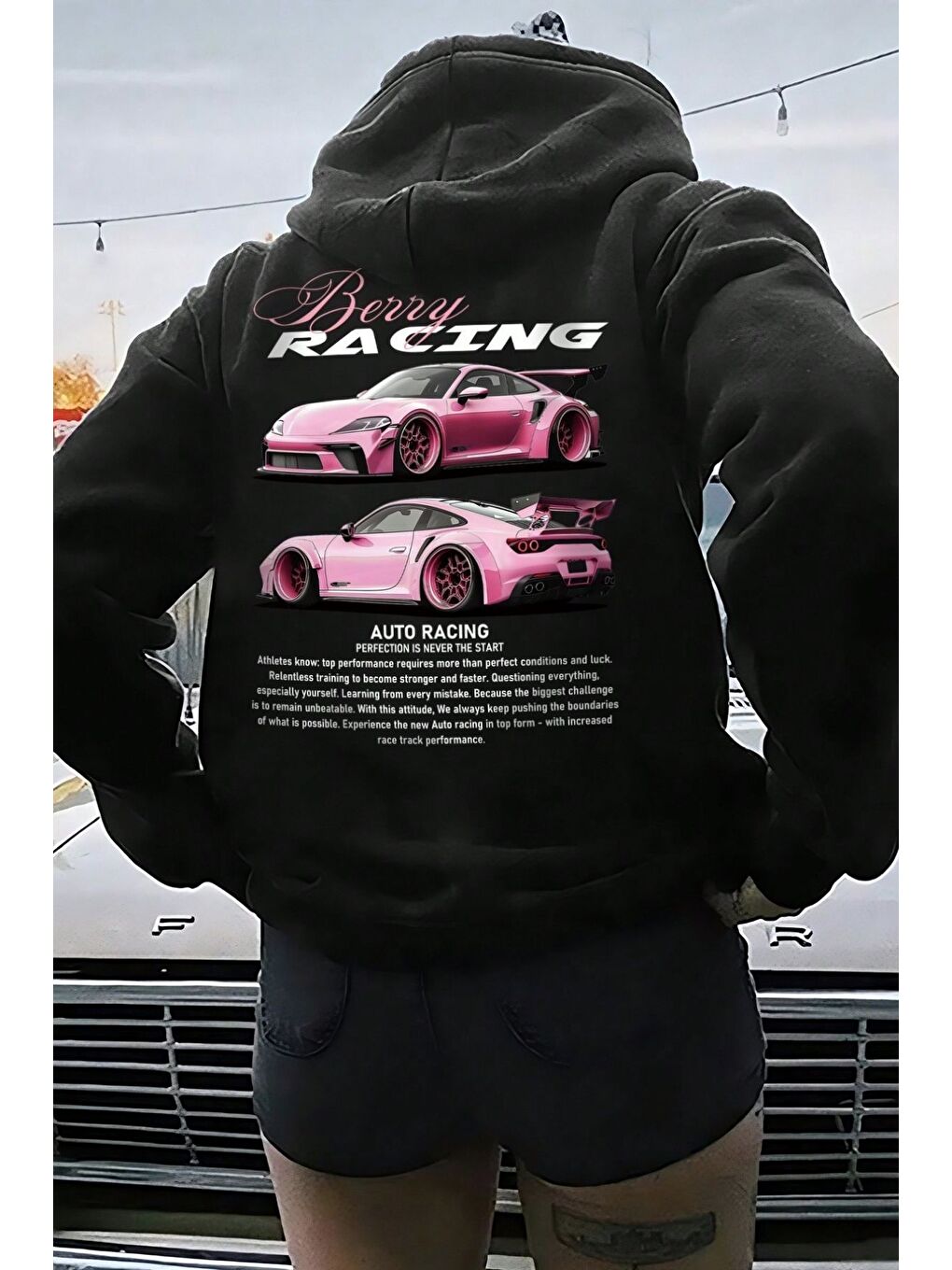 Kadın Siyah Oversize Berry Racing Baskılı Kapüşonlu Sweatshirt Hoodie