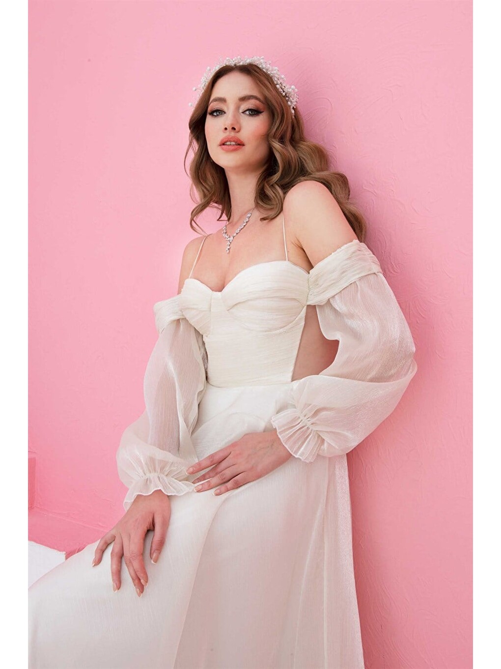 Ekru Organze Düşük Kollu Nikah Abiye Elbise-2