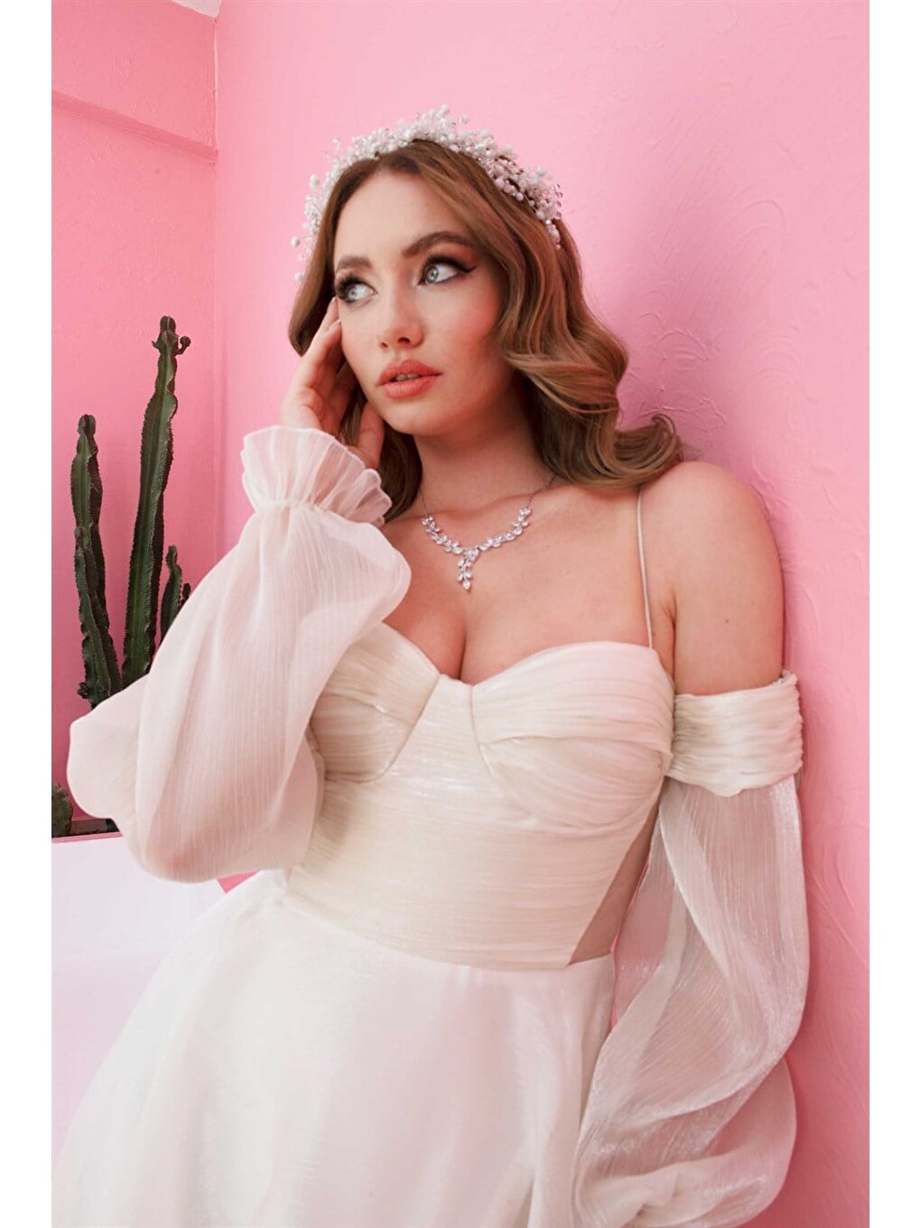 Ekru Organze Düşük Kollu Nikah Abiye Elbise-3