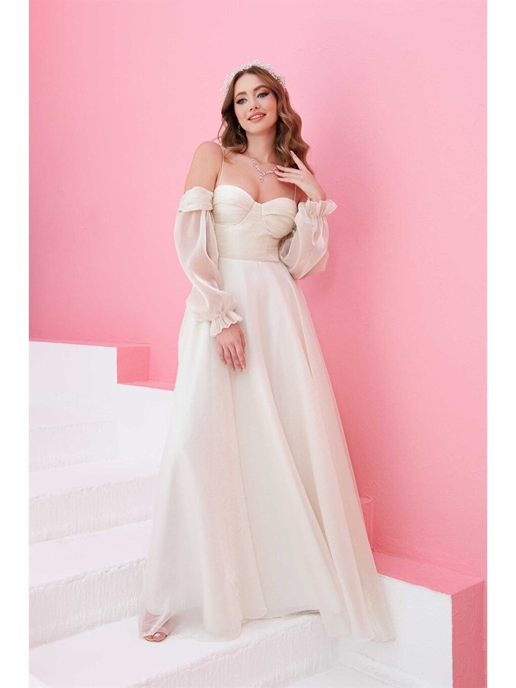 Ekru Organze Düşük Kollu Nikah Abiye Elbise-4