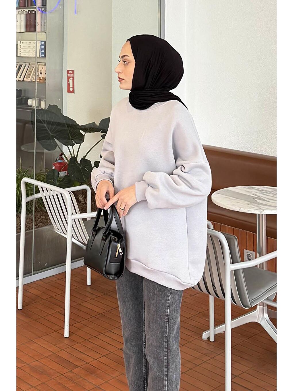 Jasmin Bisiklet Yaka Oversize Sweat Açık Gri-1