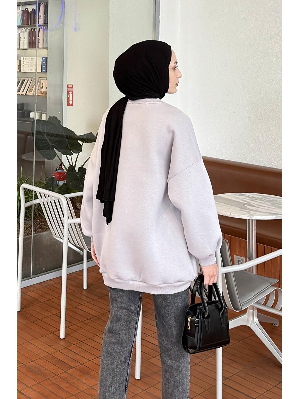 Jasmin Bisiklet Yaka Oversize Sweat Açık Gri-3