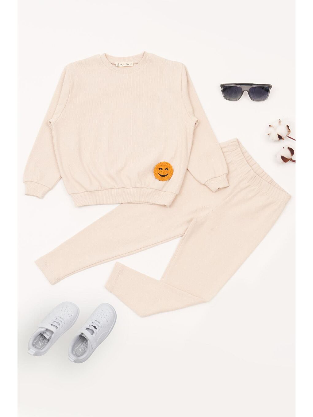 Bej Emoji Nakışlı Taytlı Taş Alt Üst Takım