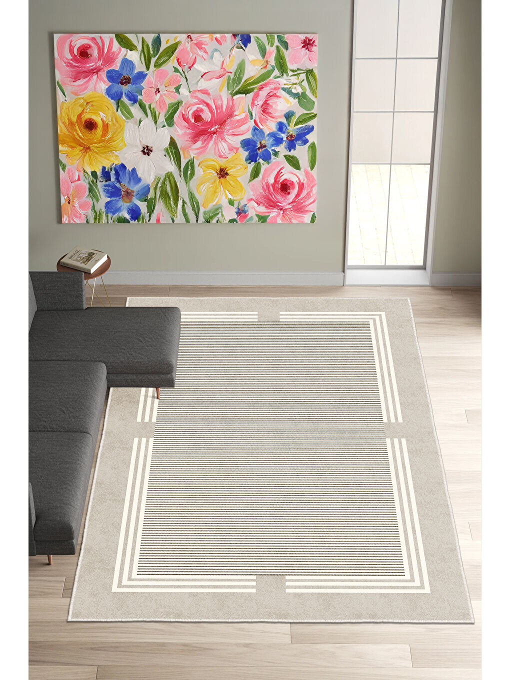 Bej Dekoratif Salon Halısı, Makinada Yıkanabilir, Kaymaz Taban, İnce & Modern Tasarım-4