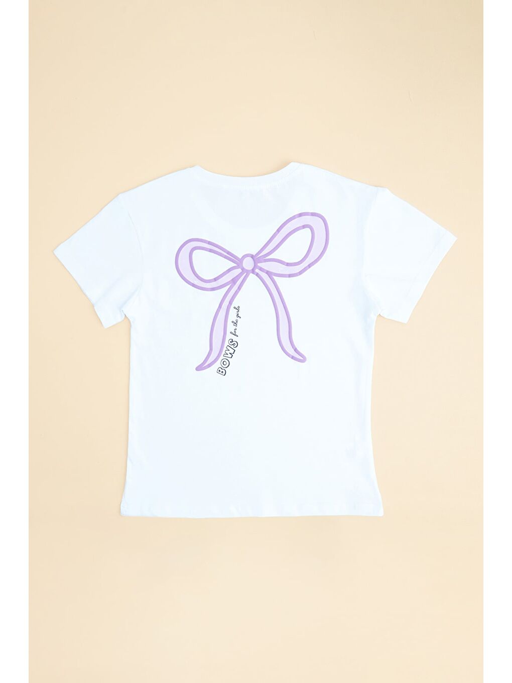 Beyaz Fiyonk Nakışlı Bisiklet Yaka Kız Çocuk Tişört-1