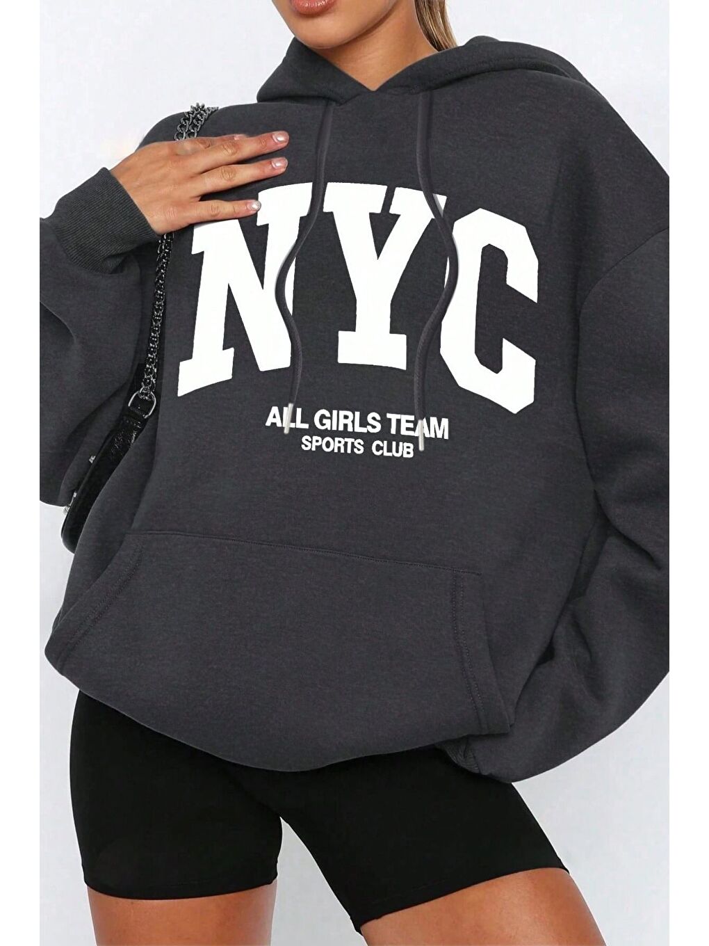 Gri Kadın Füme Nyc Baskılı Kapüşonlu Sweatshirt Hoodie