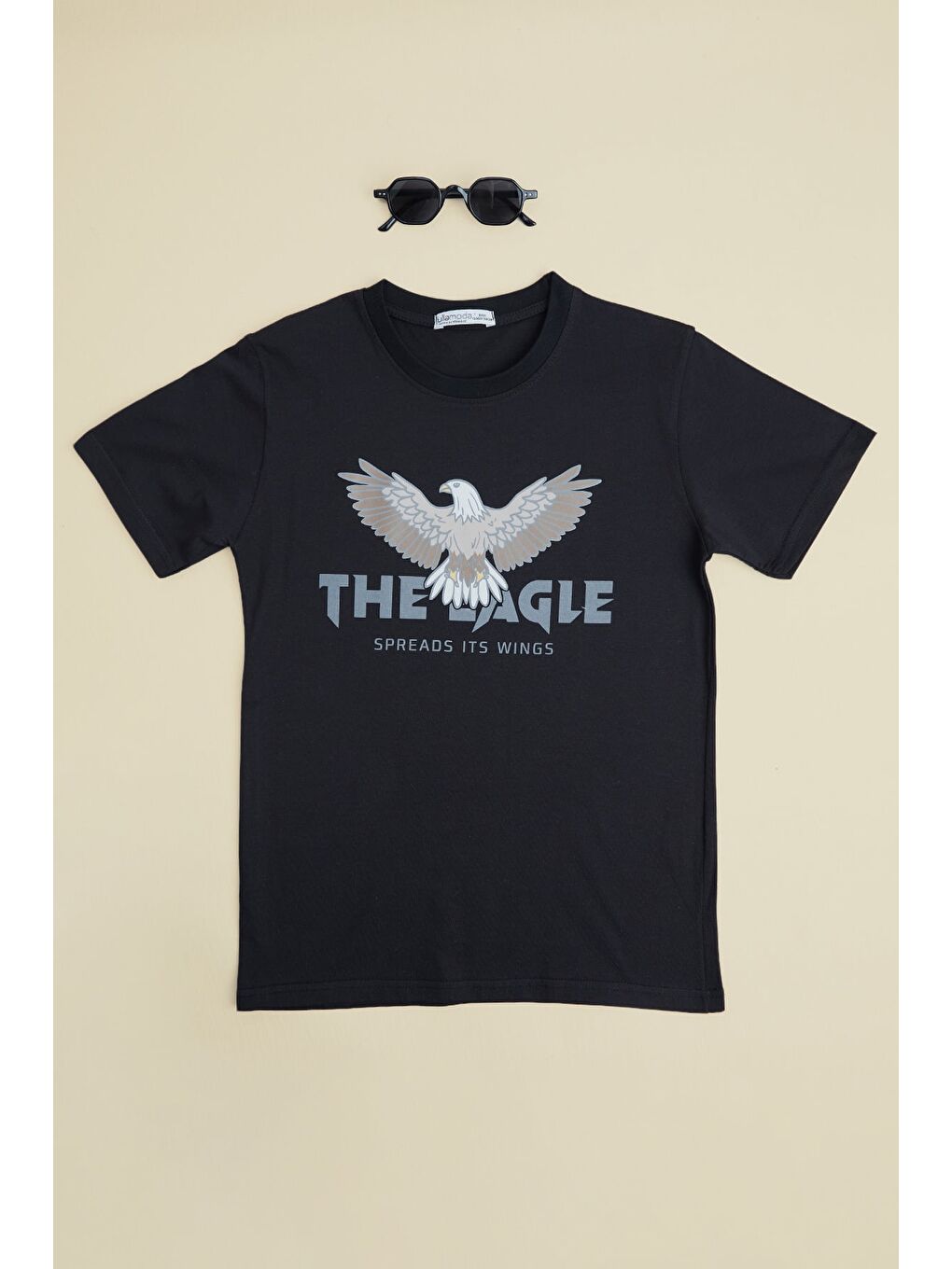 Siyah Kartal Baskılı Bisiklet Yaka Erkek Çocuk Tişört