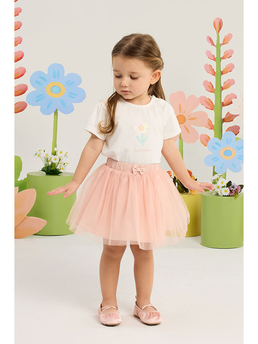 Bej Kız Bebek Çiçek Desenli Fırfırlı Alt Üst Set 3 Ay-36 Ay Pudra