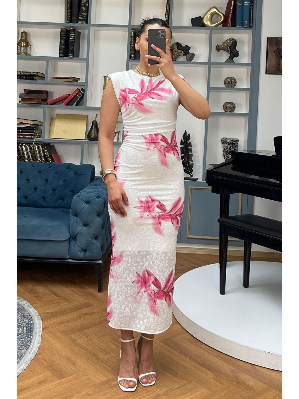 Pembe Desenli Midi Boy Kadın Elbise Mg2464-4