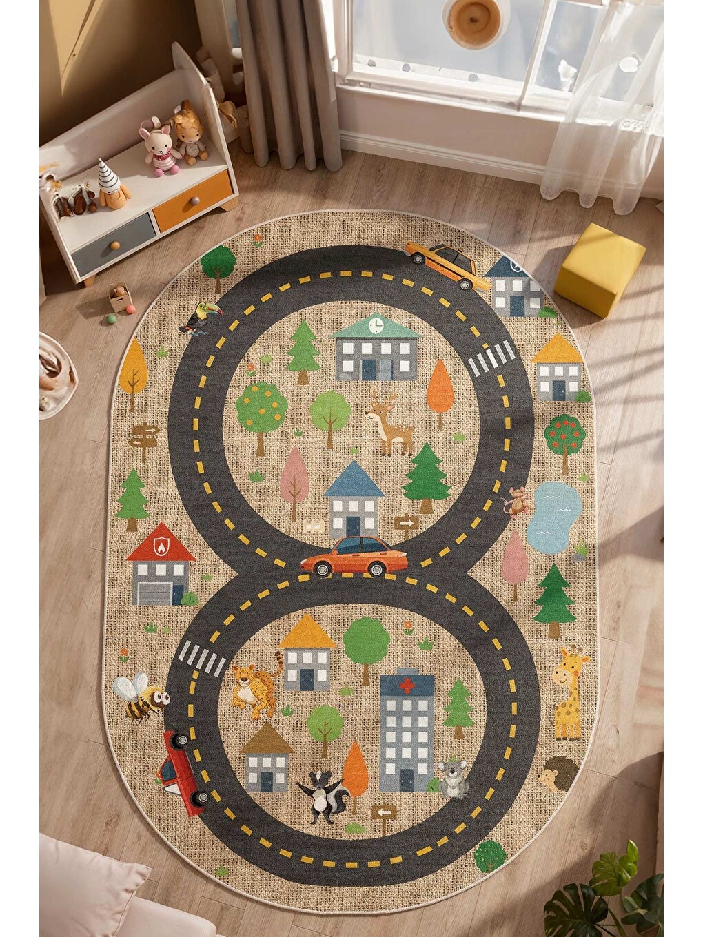 Kahverengi Modern Çocuk Halısı Kaymaz Tabanlı Makinede Yıkanabilir Çocuk Odası Halısı-1