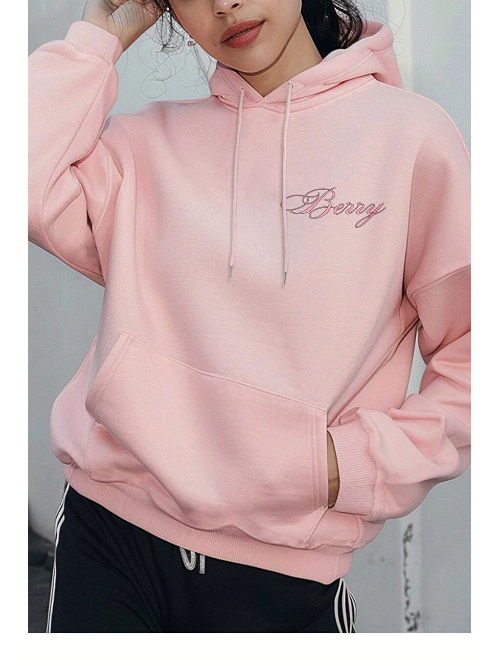 Kadın Pembe Oversize Berry Racing Baskılı Kapüşonlu Sweatshirt Hoodie-1