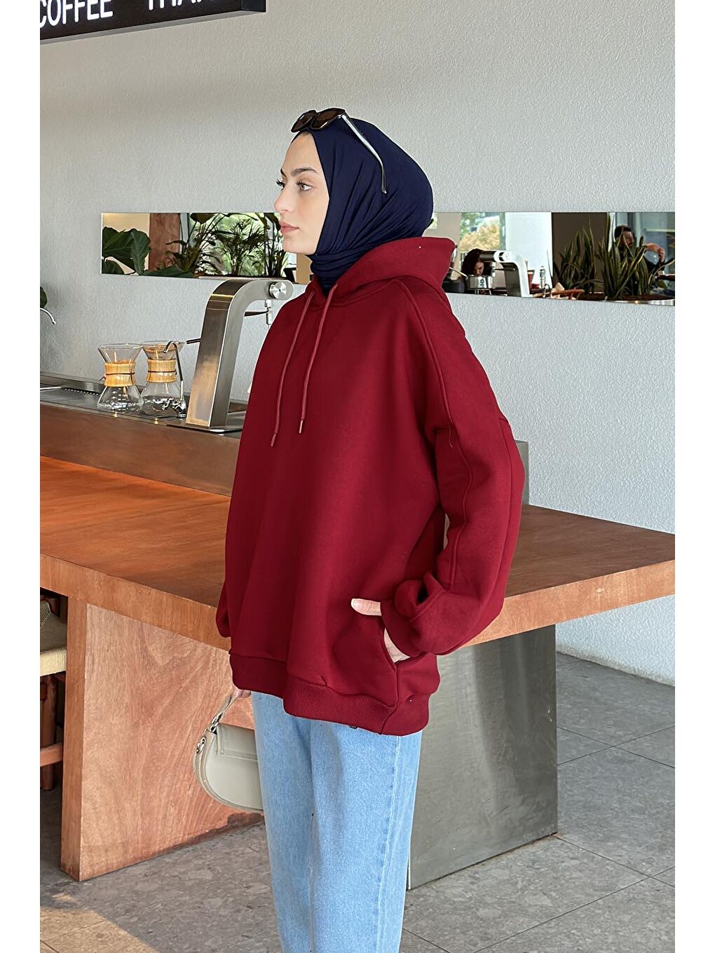 Kapüşonlu Oversize Yan Cepli Sweat Bordo-1