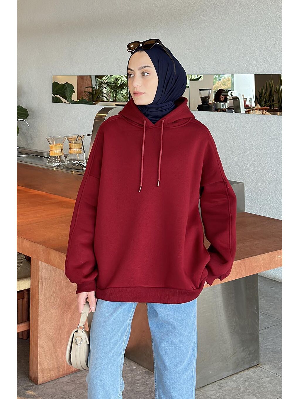 Kapüşonlu Oversize Yan Cepli Sweat Bordo-2