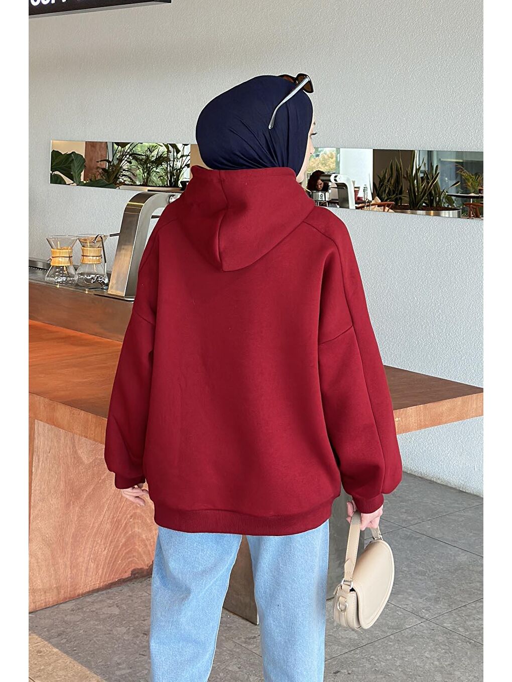 Kapüşonlu Oversize Yan Cepli Sweat Bordo-3