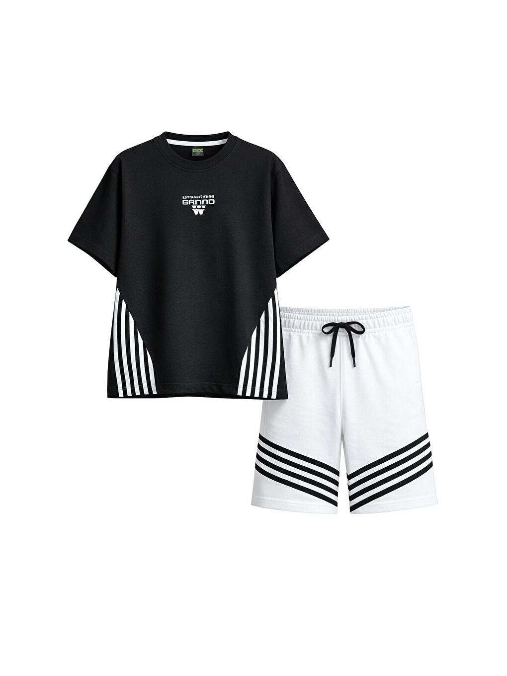 Siyah Şerit Desenli Logolu Tişörtlü Erkek Çocuk Şortlu Takım 23779-2