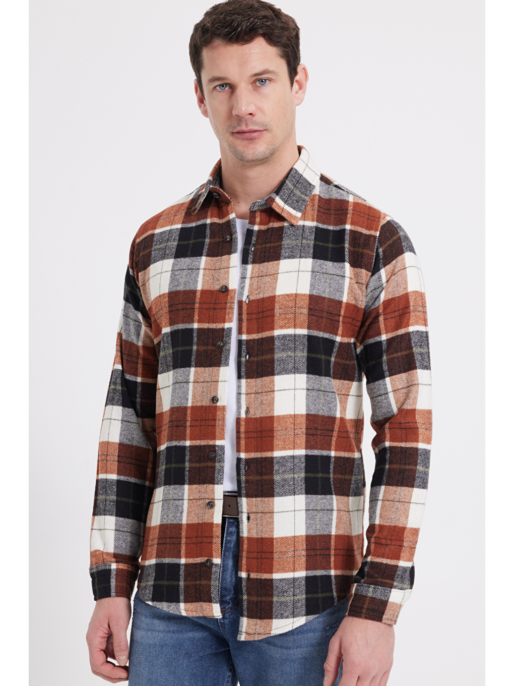 Kahverengi Erkek Slim Fit Dar Kesim Kareli Kışlık Oduncu Gömlek