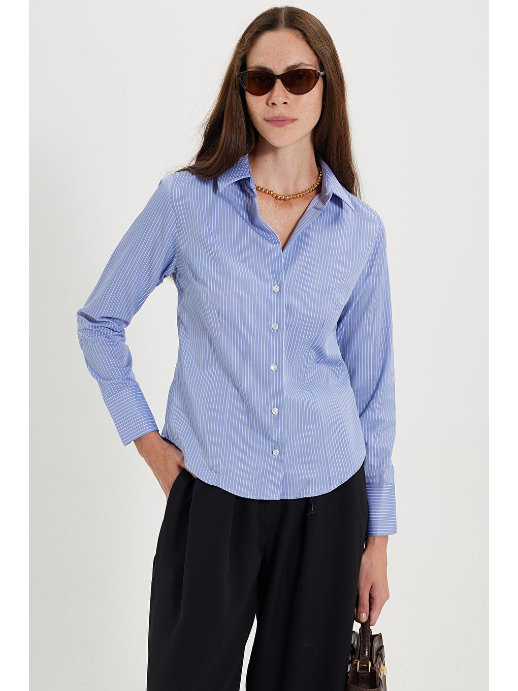 Kadın Slim Fit Dar Kesim Pamuklu Uzun Kollu Çizgili Mavi Kadın Gömlek-2