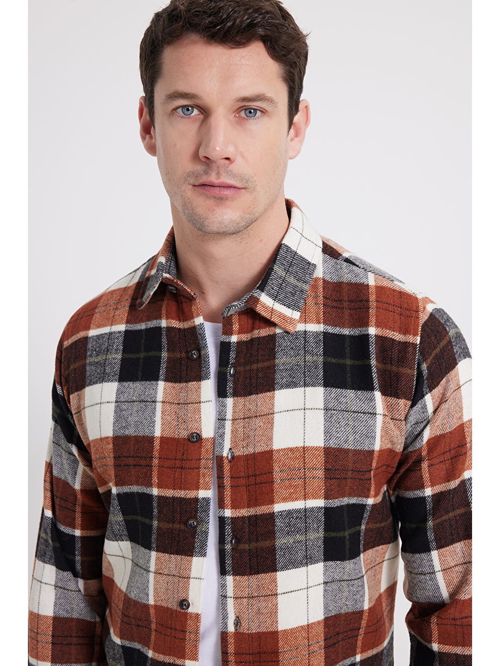 Kahverengi Erkek Slim Fit Dar Kesim Kareli Kışlık Oduncu Gömlek-1