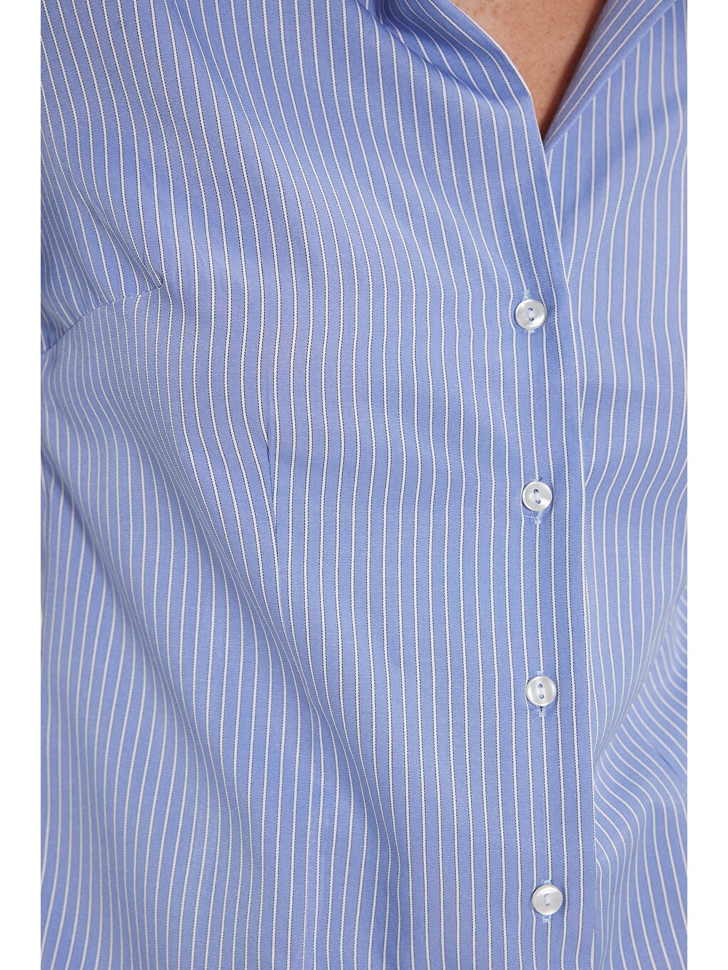 Kadın Slim Fit Dar Kesim Pamuklu Uzun Kollu Çizgili Mavi Kadın Gömlek-4