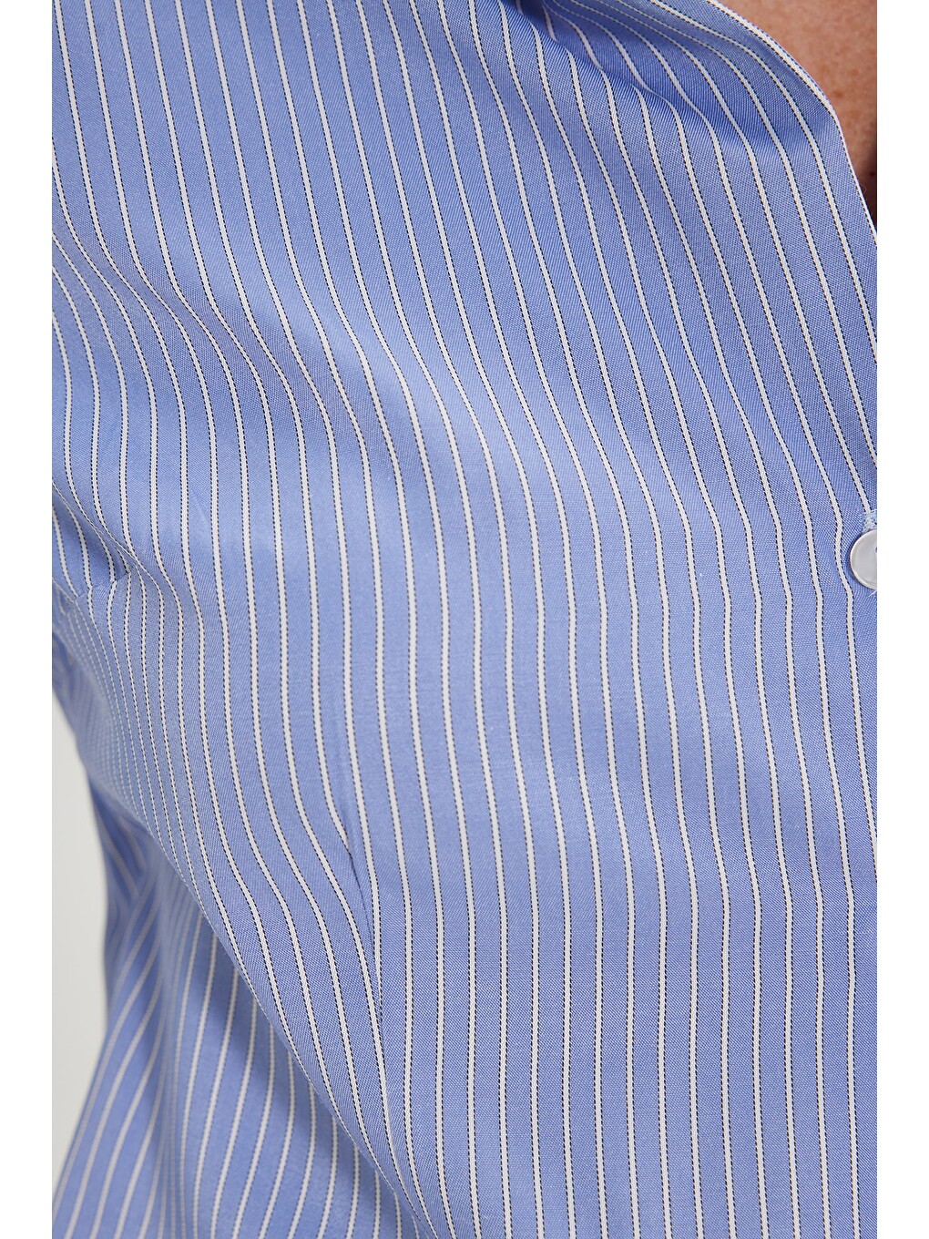 Kadın Slim Fit Dar Kesim Pamuklu Uzun Kollu Çizgili Mavi Kadın Gömlek-5
